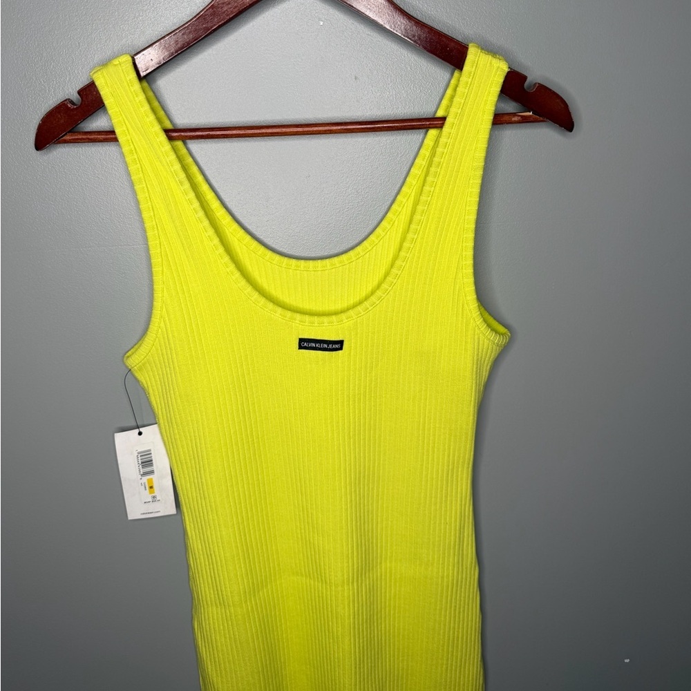 NWT Calvin Klein Jeans Highlighter Yellow Ribbed Tank Dress - Picture 6 of 12